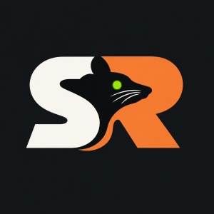 StatRat crisp white and orange SR monogram, with internal rat whiskers and a lime green eye